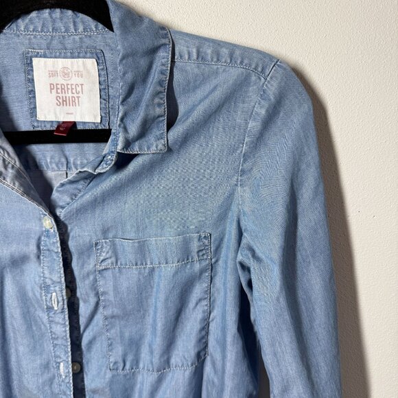 SO Womens Chambray Button Up Shirt XS Blue Lyocell Casual Lightweight - Picture 4 of 13